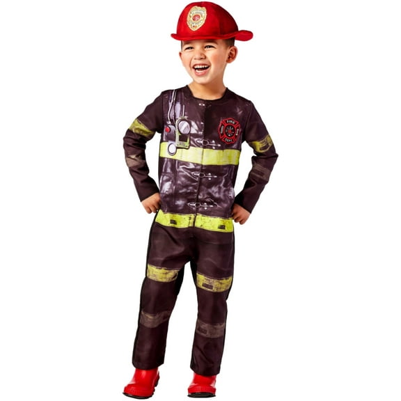 Toddler Boys Black Firefighter Jumpsuit & Hat Halloween Costume 18-24M