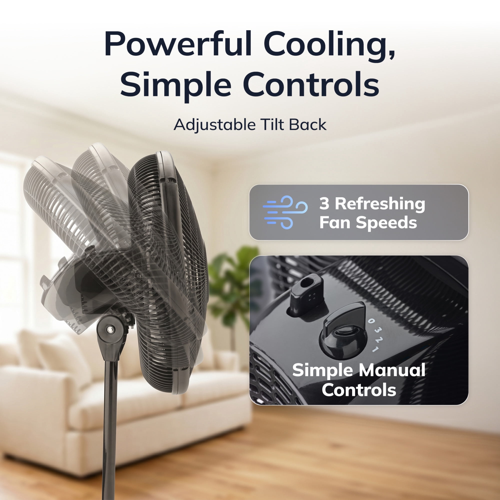 Lasko 16" Oscillating Pedestal Fan with Adjustable Height and Tilt-Back Head for Whole Room Cooling, Black, S16500