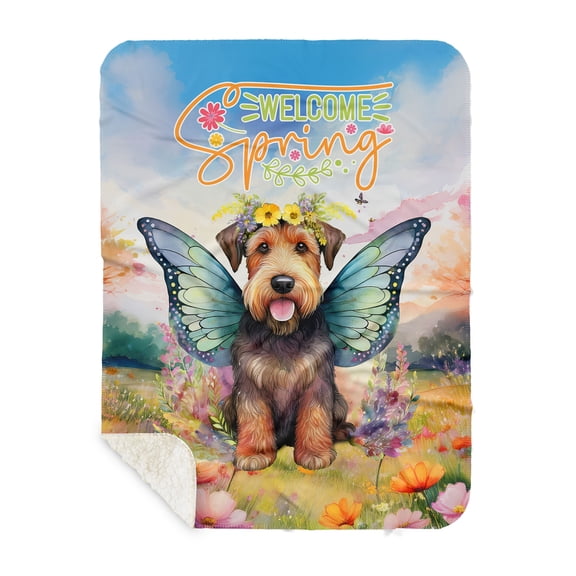 Welcome Spring Fairy Airedale Terrier in Flower Meadow Cozy Sherpa Blanket Dale Waterside Dog Lover Warm Soft Throw Blanket - 13002