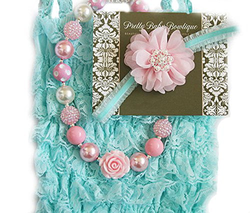 18months-3T, Aqua Blue and Lavender Baby Girl Lace Romper Set Baby Birthday Outfit Photo Prop 