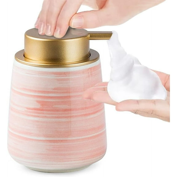 Modern Striped Style Gold Soap Dispenser for Bathroom, Ceramic Hand Soap Dispenser, Easy to Refill Liquid (Gray-Foam Pump)