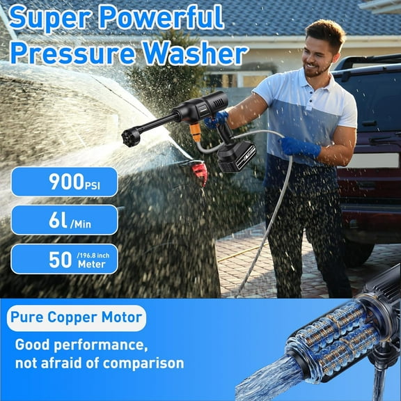 Cordless Power Washer 900 PSI Portable Pressure Washer with 3.0Ah Battery & 6-in-1 Nozzle for Car Wash Yard Cleaning