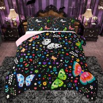 Manfei Colorful Flower Floral Full Size Comforter Sets,Gothic Butterfly Moth Bedding Comforter Set,Rustic Plant Daisy Bedding Sets For Girls,Ultra Soft Home Decor Reversible,3pcs