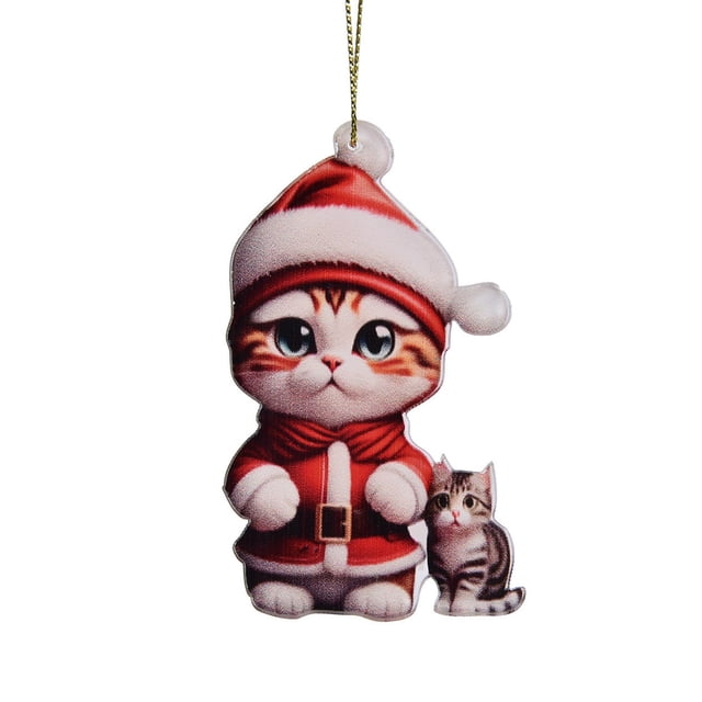 LILELIS 2D Acrylic Cartoon Christmas Cat Christmas Tree Pendant Acrylic Christmas Cartoon Cute Christmas Hat Cat Double Print 2D White Elephant Thick String for Hanging Clear Acrylic Beads Bulk