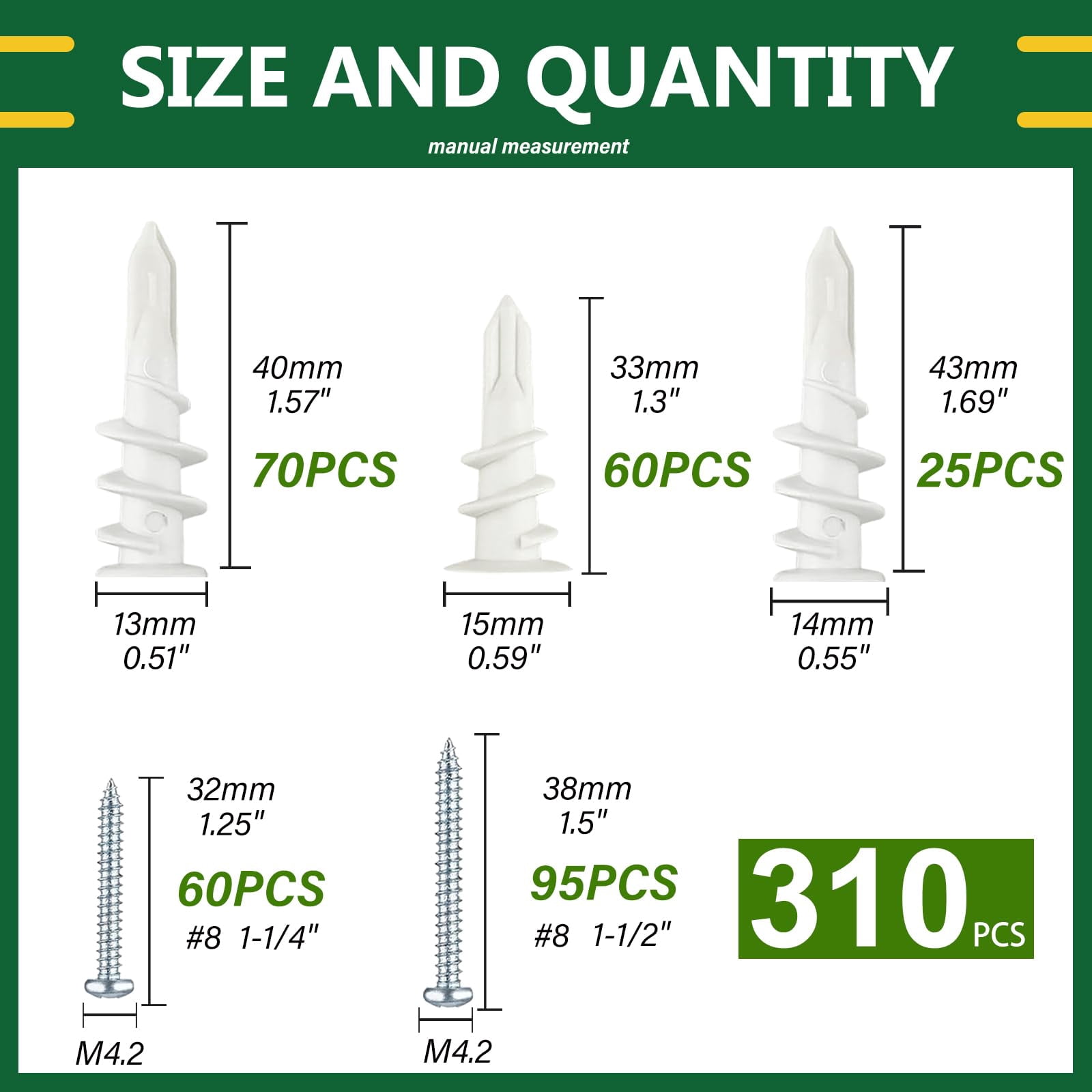 156PCS Self Drilling Drywall Anchors and Screws for Drywall,3 Sizes Nylon Plastic Wall Anchors,13x42mm,15x33mm, 10x33mm,No Pre Drill Hole Preparation Required