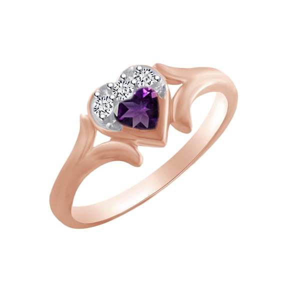 AFFY Heart Shape Simulated Amethyst & White Cubic Zirconia Heart Promise Ring In 14k Rose Gold Over Sterling Silver Ring Size-12