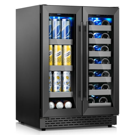 24 Inch Black Dual Zone Wine Fridge,20 Bottle & 88 Cans Wine and Beverage Refrigerator with Glass Door,Undercounter&Freestanding Stainless Steel Handle Wine Cooler Refrigerator for Home,Party