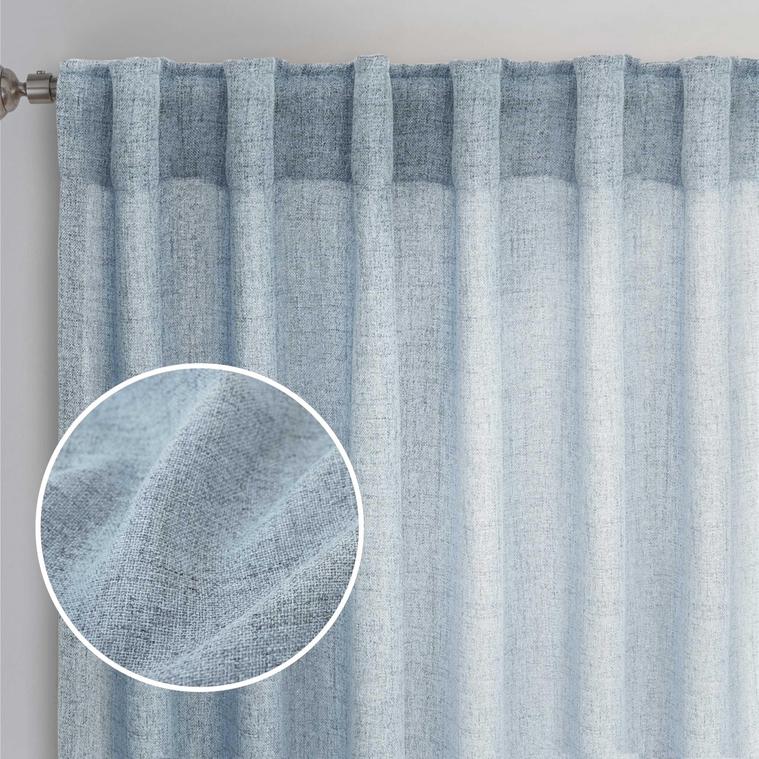 DriftAway Blue Linen Curtains 63 Inches Long for Living Room Thick Semi Sheer 2 Panels Farmhouse 3 Inch Rod Pocket Back Tab Boho Rustic Light Filtering Window Drapes for Bedroom Privacy Assured