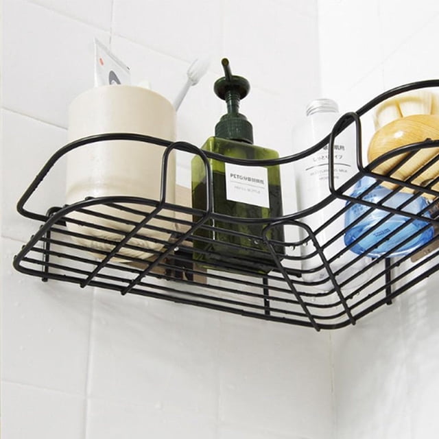 Bathroom Corner Shelf, Metal Storage Rack With Adhesive Wall Mount, For Bathroom Accessories Organizer, No-Drill Installation, Wire Grid Construction (Black) Pack Of 1