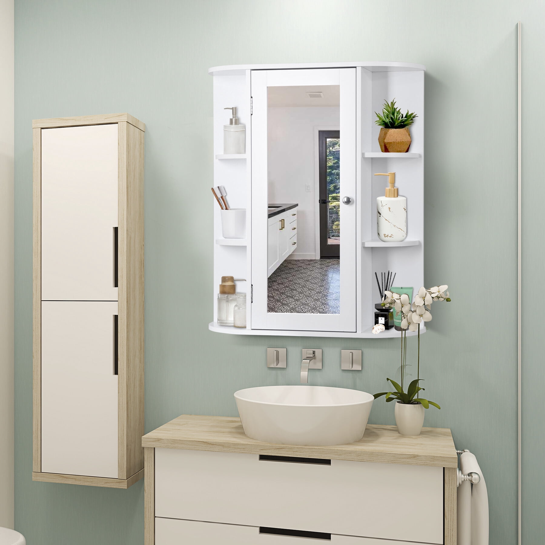 HomGarden Mirror Door Wall-Mount Bathroom Cabinet, Medicine Cupboard White, 6.5 W