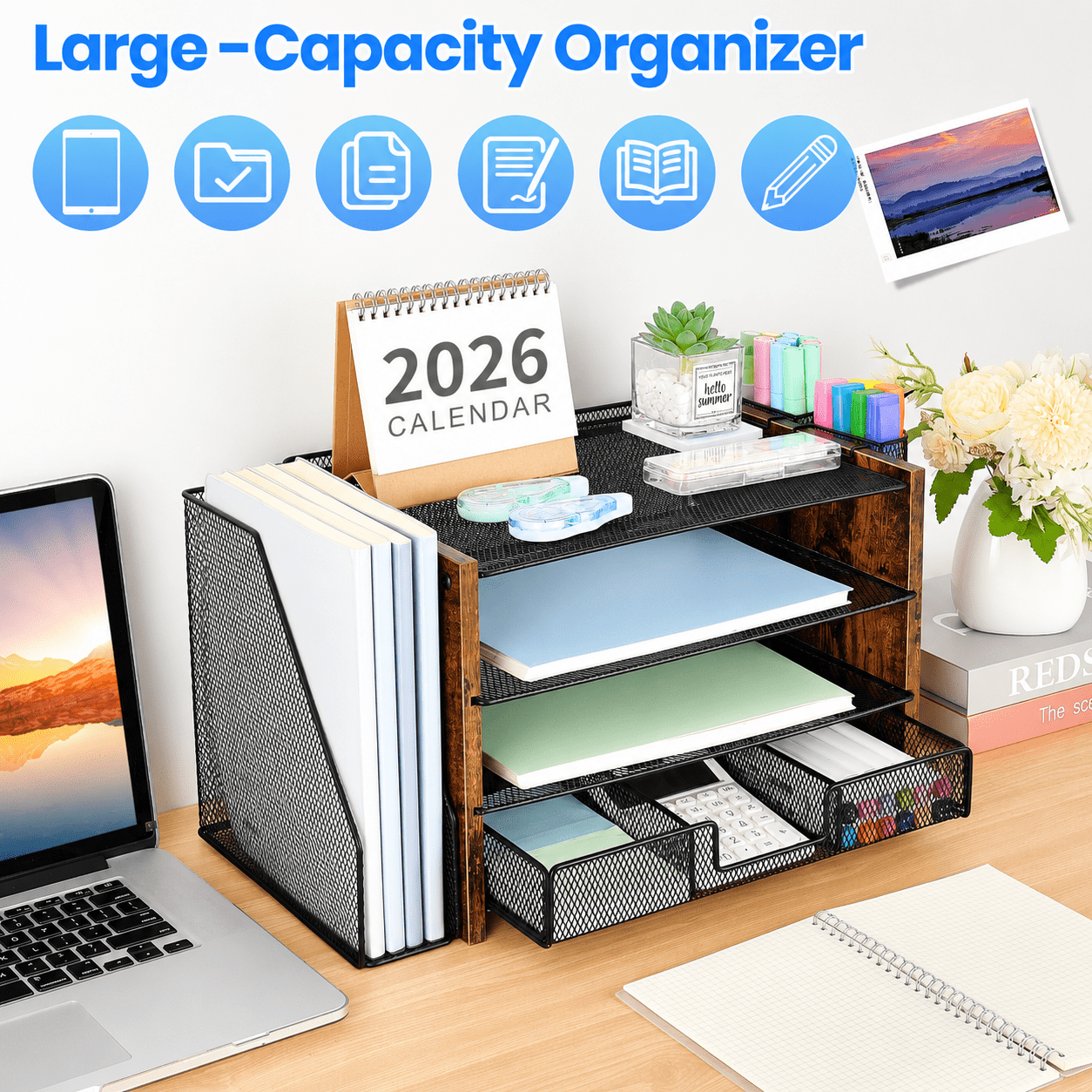 MEHOOM 4-Tier Wooded Desk Organizer Sets, Desktop File Organizer with Drawer and Pencil Holders for Office, Dorm Desktop Setup, Classroom Desk Accessories & Workspace Organizers