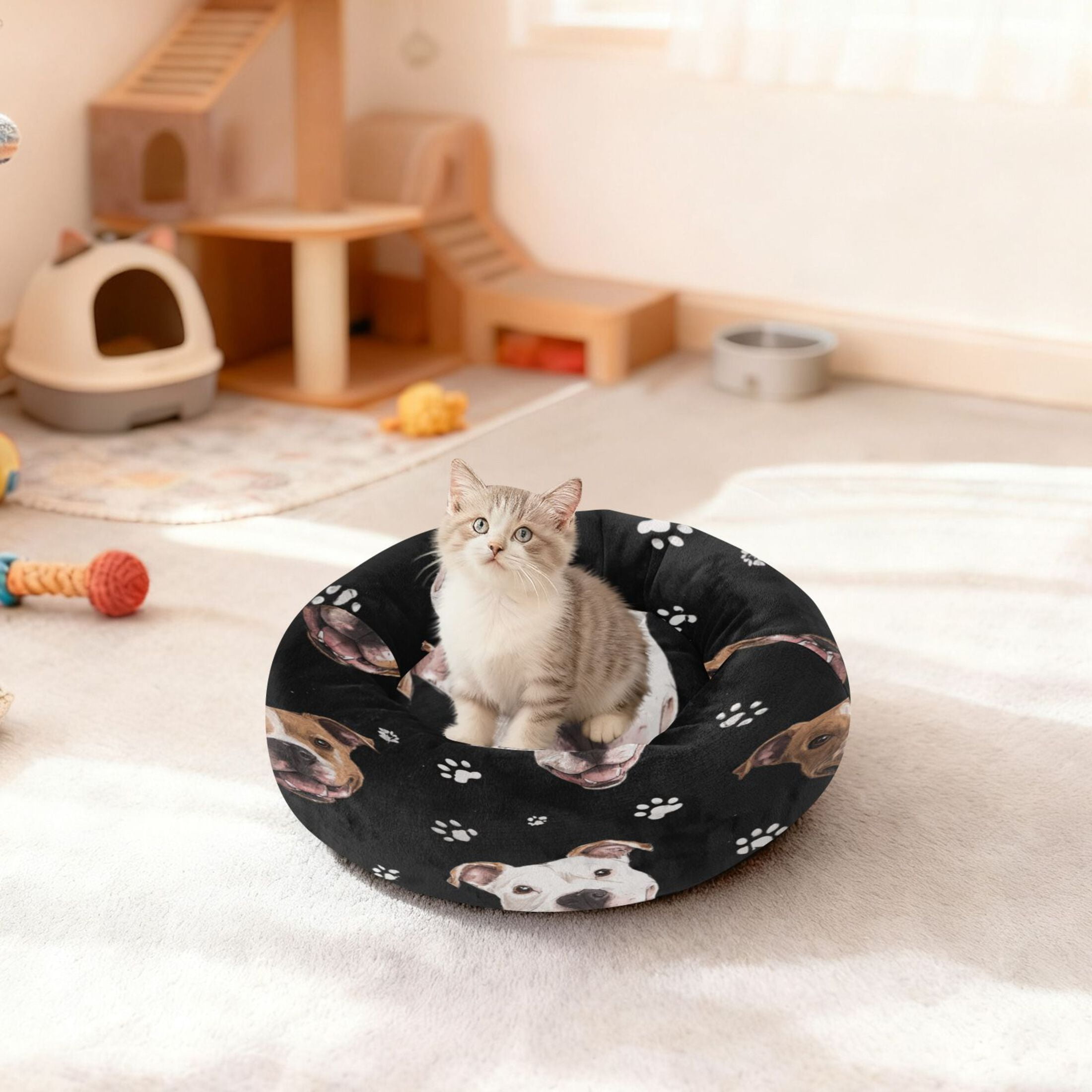 Iauyy Pet Couch Donut Cat Bed for Indoor Cats/Small Dogs Washable & Machine with Non-slip Bottom Calming Cat Furniture, Laugh Out Loud (M)