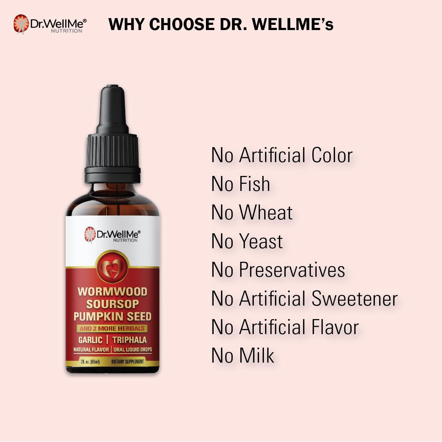 Dr.WellMe Wormwood Soursop Liquid Drops (2 fl oz, 60 ml) | Pumpkin Seeds, Black Walnut | Garlic, Triphala, Turmeric | Immune Boost, Digestive Health & Detox Support