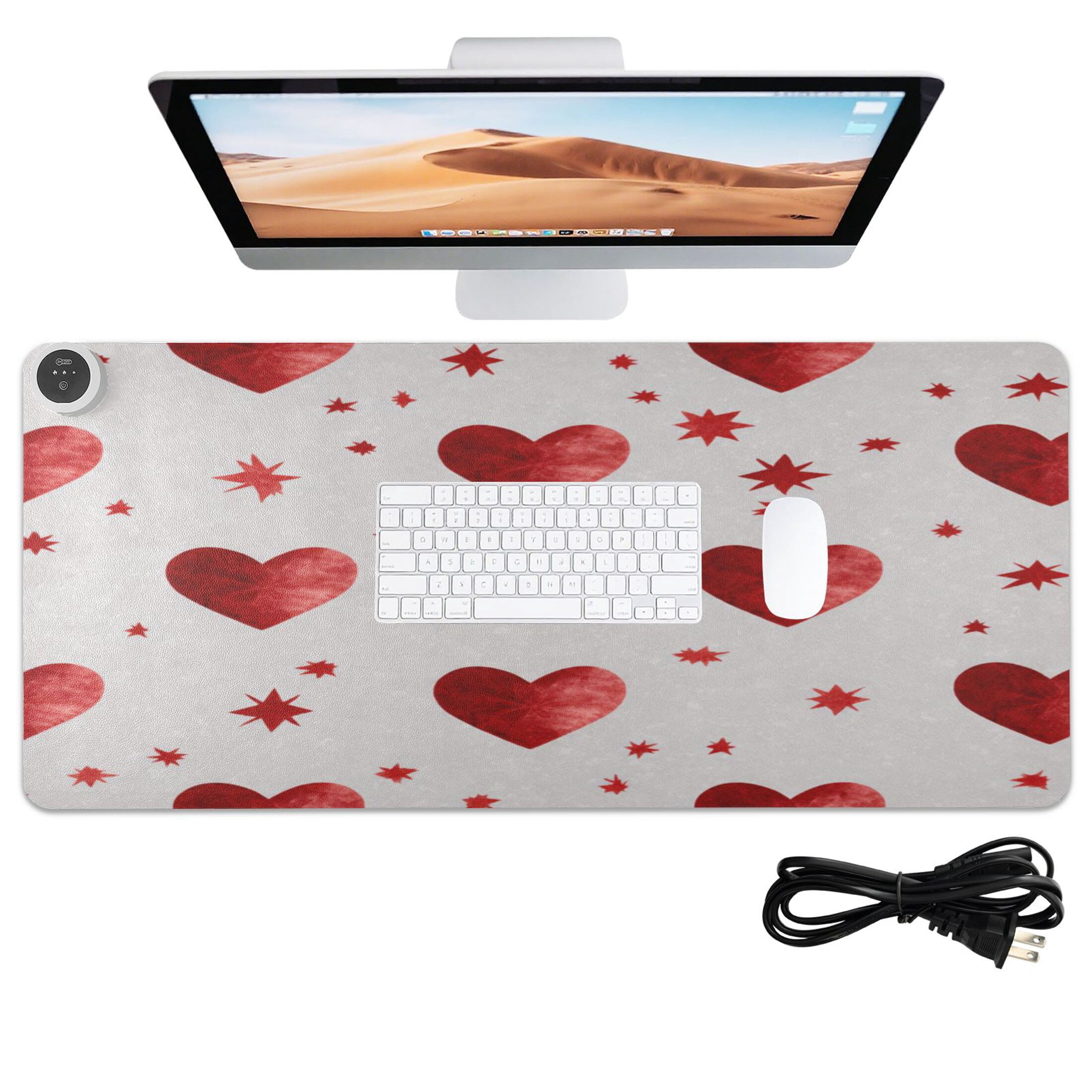 Large Heated Desk Mat Mouse Pad 31.5"x13"PU Leather Graphene Heating Desk Warmer with 3 Temperature Settings 110V US Plug Non-Slip Warm Pad for Home, Office, and Gaming Simple Red Heart Pattern