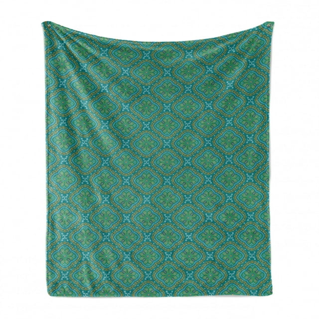 Oriental Soft Flannel Fleece Throw Blanket, Mandala and Paisley Like Motifs Traditional Illustration, Cozy Plush for Indoor and Outdoor Use, 50" x 70", Teal and Multicolor, by Ambesonne