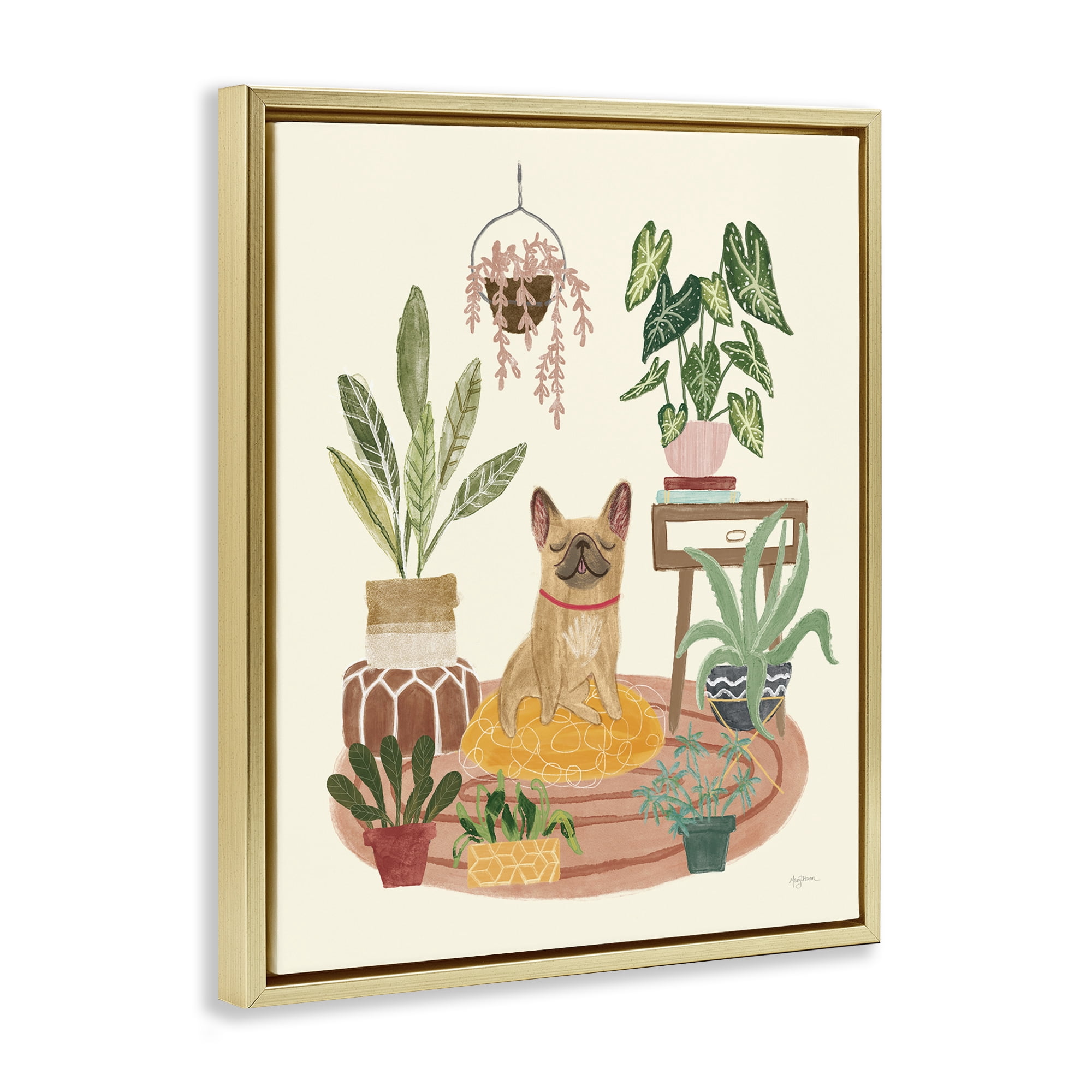 Stupell Industries Urban Dog with Plants Animals & Insects Painting Gold Floater Framed Canvas Art Print Wall Art, 25 x 31