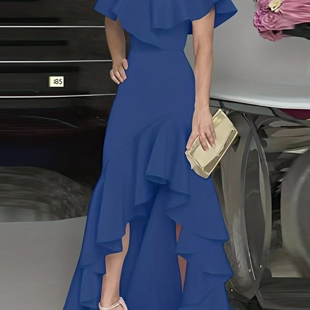 Vestido Con Dobladillo Con Volantes Y Hombros Descubiertos, Elegante Vestido Con Dobladillo Asimétrico Hasta El Suelo Para Fiesta, Ropa De Mujer