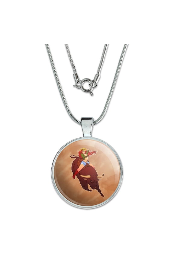 Cowgirl Pinup Riding Bucking Bull Rodeo 1" Pendant with Sterling Silver Plated Chain