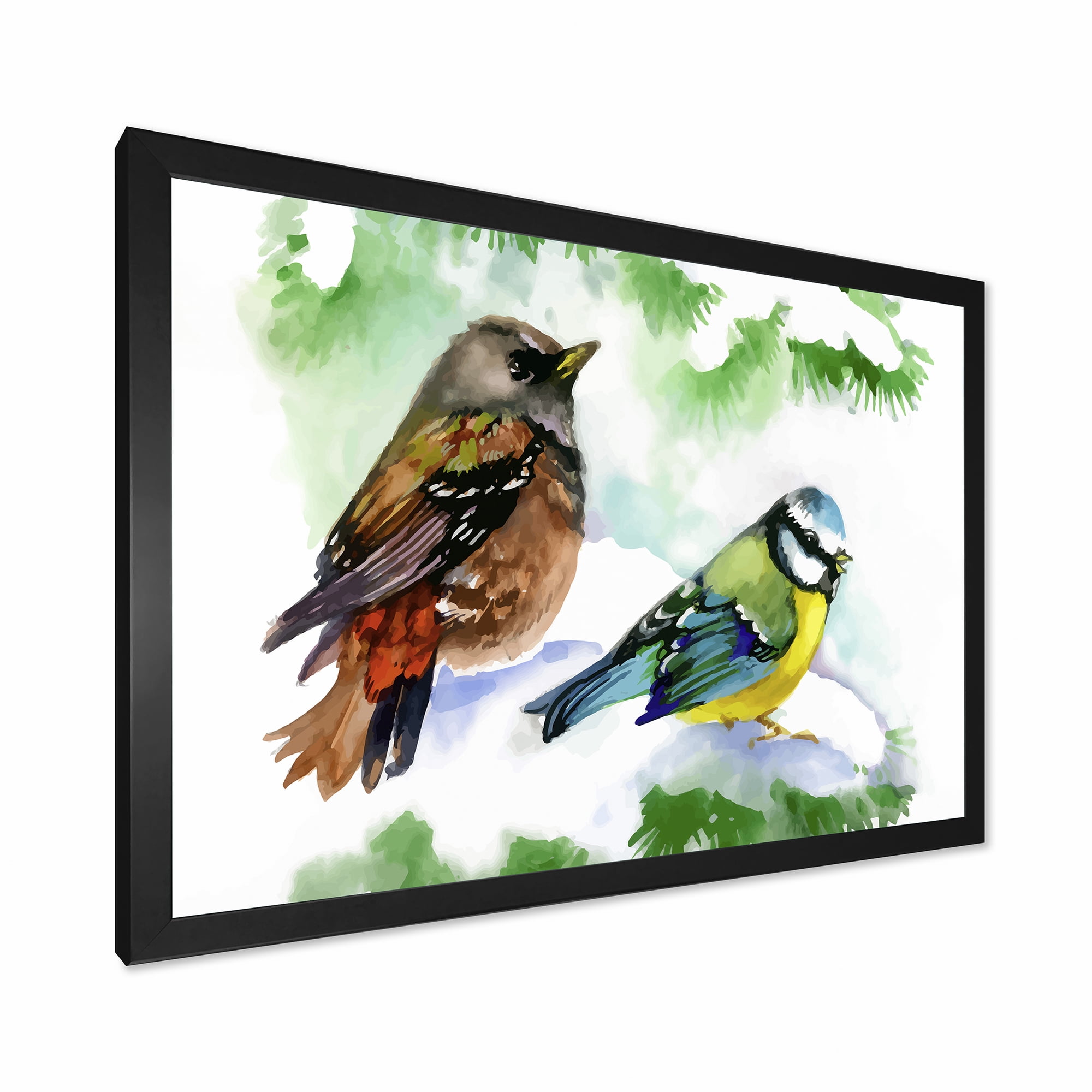 Designart 'Forest Birds Sitting On Snowy Fir Tree Branch' Traditional Framed Art Print