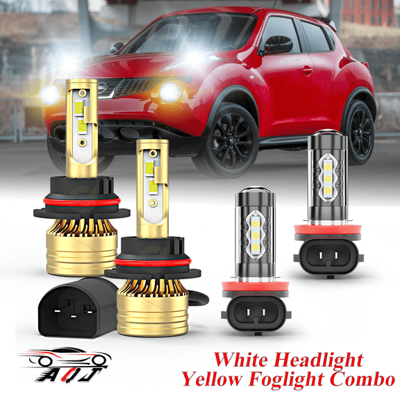 Fit for Nissan Juke 2011 2012 2013 2014 – 9007/HB5 H11 LED Headlight Combo 4 Pack, 6,000K White 1000,000LM Super Bright Headlight 3500K Amber Yellow Foglight Bulb Set, Premium LED Lamp Upgrade Set