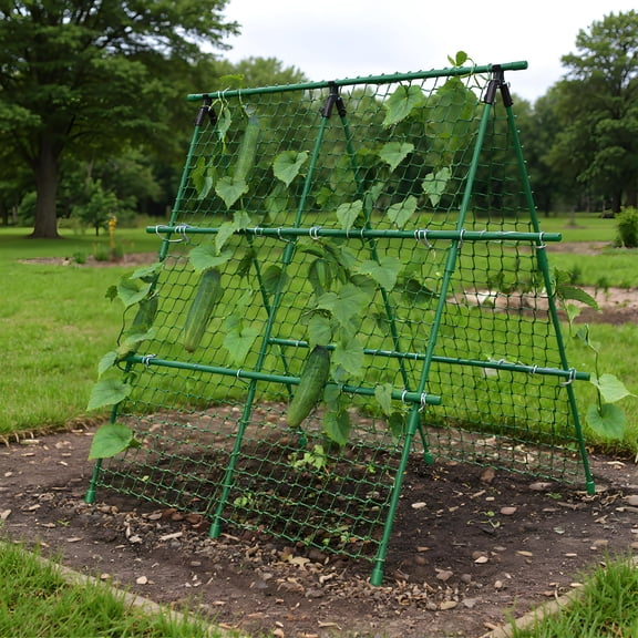 Ataucjin Cucumber Trellis, 4ft x 4ft Metal A-Frame Garden Trellis Climbing Plant Outdoor Support Fruit Grape Vine Vegetable Tomato Pea Bean Cucumber Trellis Raised Bed, with Netting, Fits Raised Beds