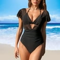 thumbnail image 6 of Womens Ruffled Swimsuits with Triangle Bikini Halter Top Swim Suits V Neck Ruched Short Sleeve Bathing Suit (M, Black), 6 of 7