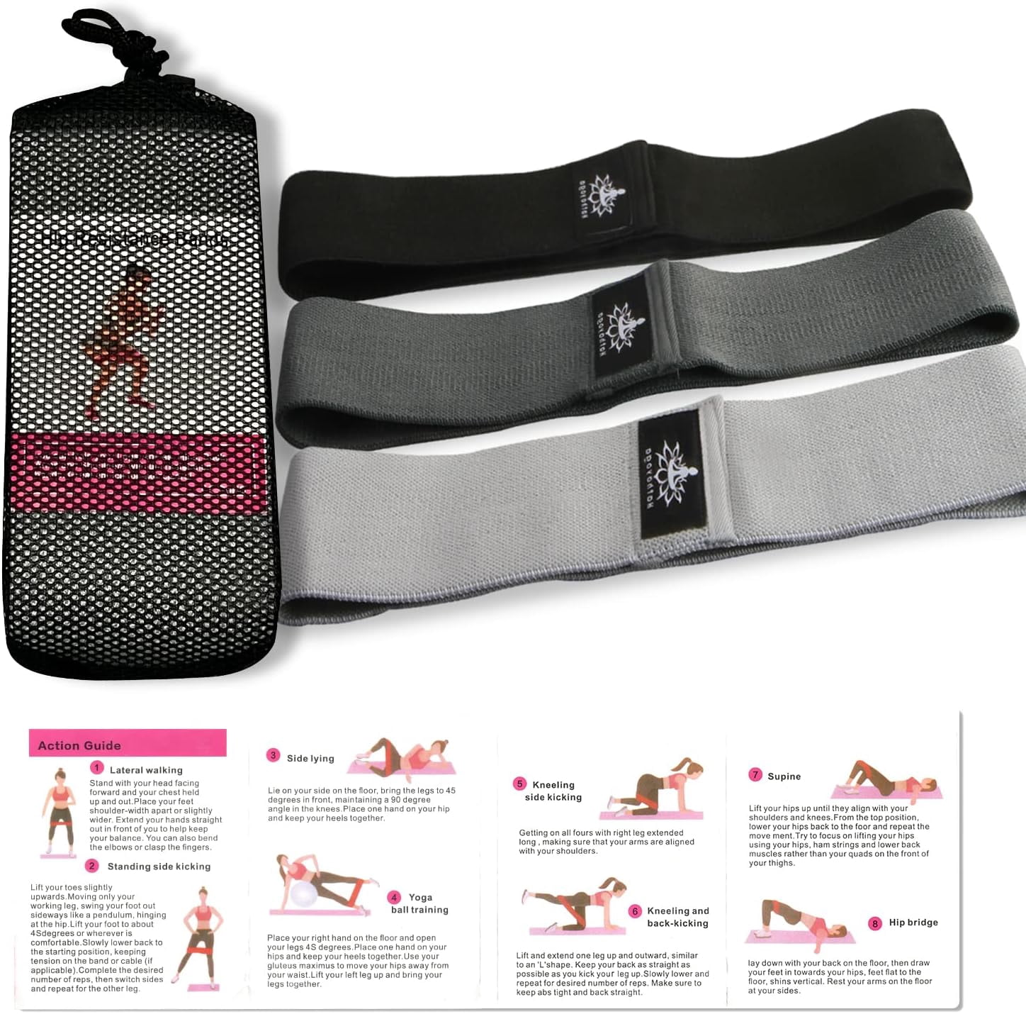 JJEAN-Hatha Yoga Large Resistance Band,14.5" x3.15",Fabric Exercise Loop Bands with Instruction Guide and Carry Bag, Set of 3.