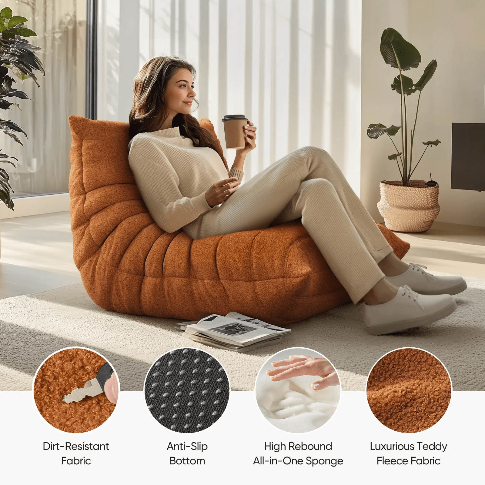 Raffle Pinker Bean Bag Chair for Adults, Comfy Fireside Chair Bean Bag Sofa with Memory Foam, Large Lazy Sofa for Living Room Bedroom Office, Orange