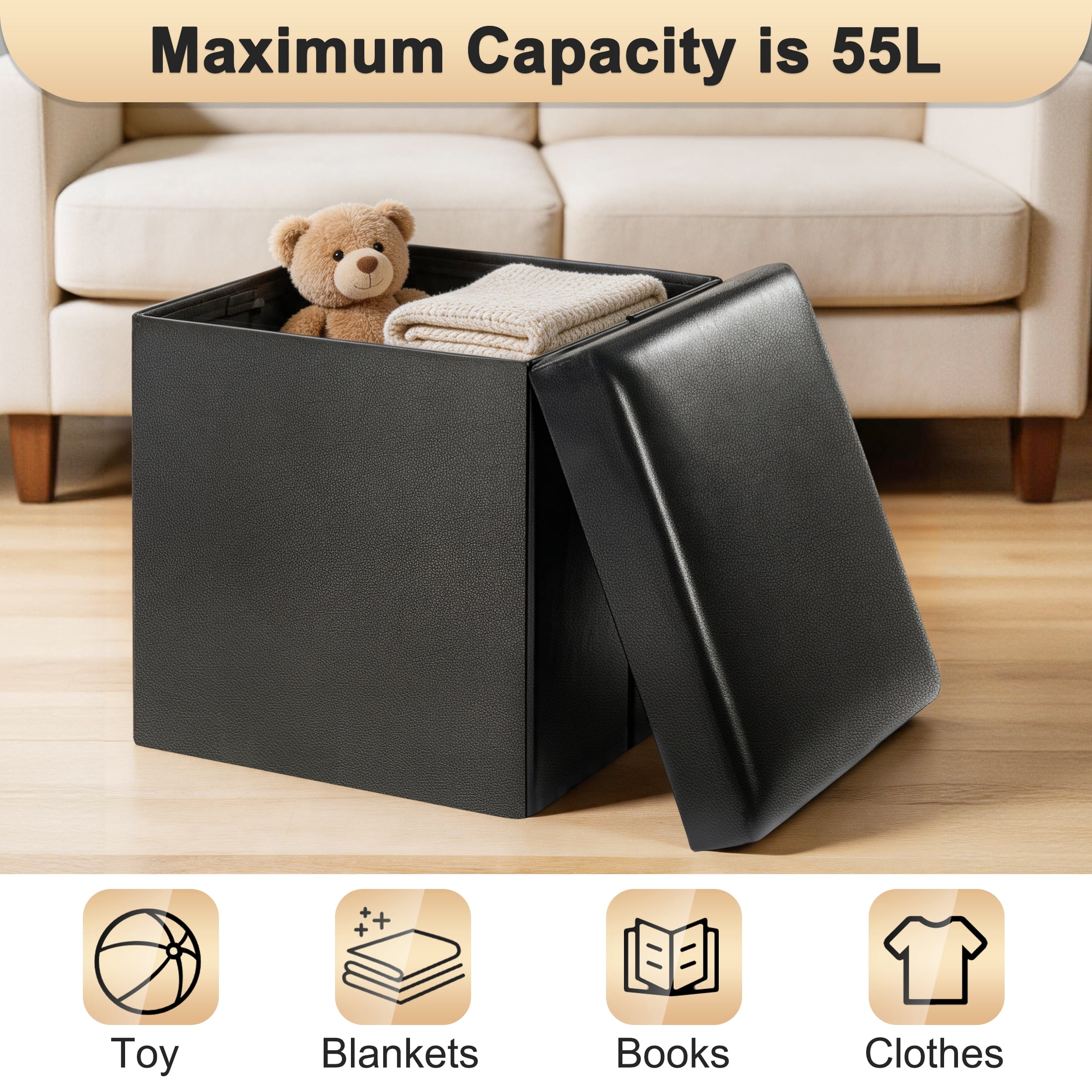Small Folding Storage Ottoman Bench, Square Leather Footstool Bench with Storage, Foot Rest Stool for Living Room, Bedroom, Dorm, Load up to 220 lb, 15x15x15in