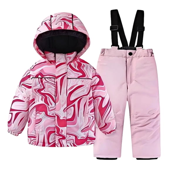 LIJCC Cute Graphic Kids Snow Suit Boys Girls Colorful Ski Suit Two Piece Set Artificial Fur Hooded Jacket & Kids Snow Bibs Pants Thickened Warm Winter Insulated Clothes