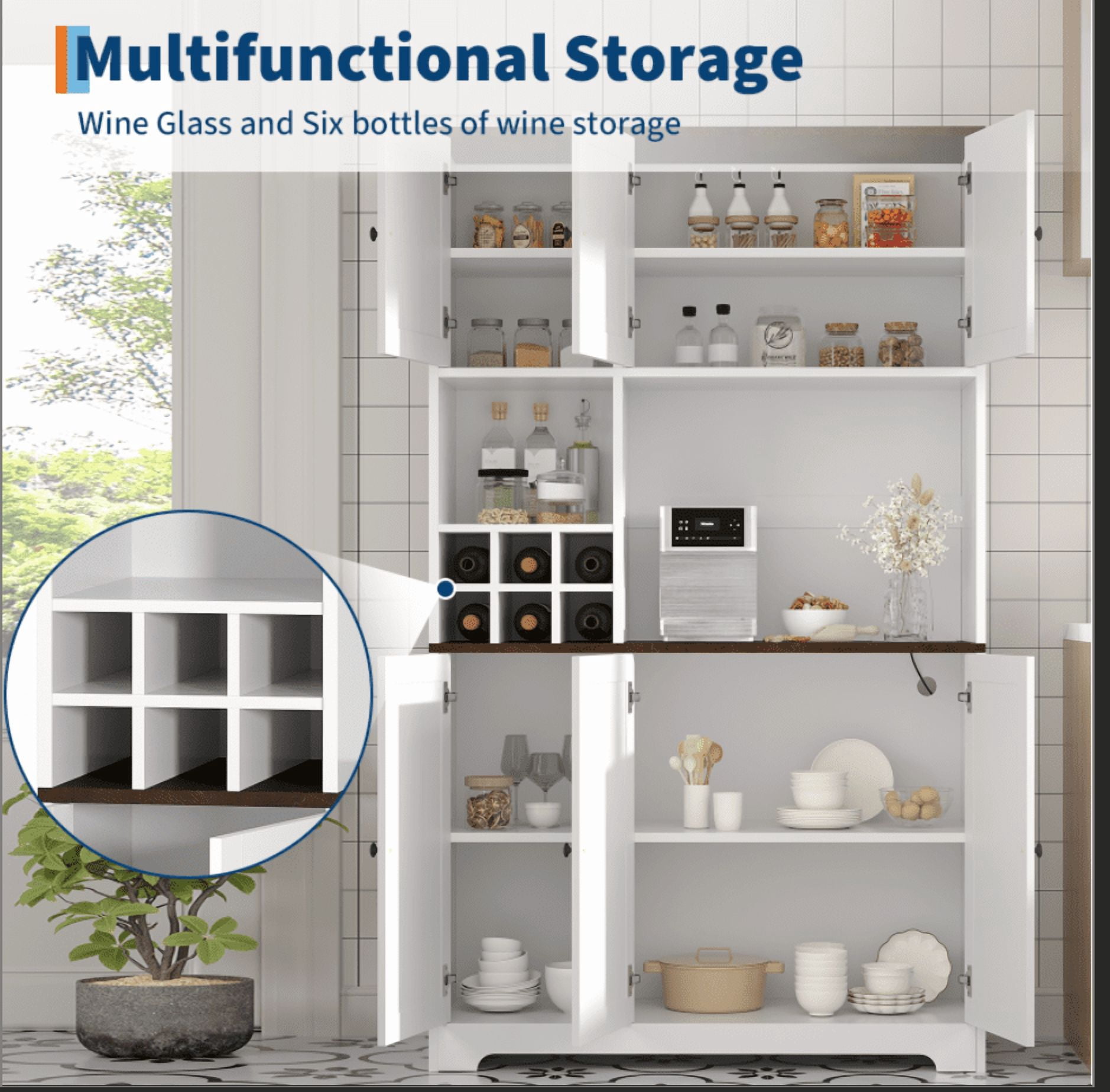 71 Inch Tall White Kitchen Pantry Cabinet, Modern Farmhouse Kitchen Hutch Storage Cabinet with Wine Rack, Freestanding Coffee Bar Station with Storage for Dining Room, Living Room
