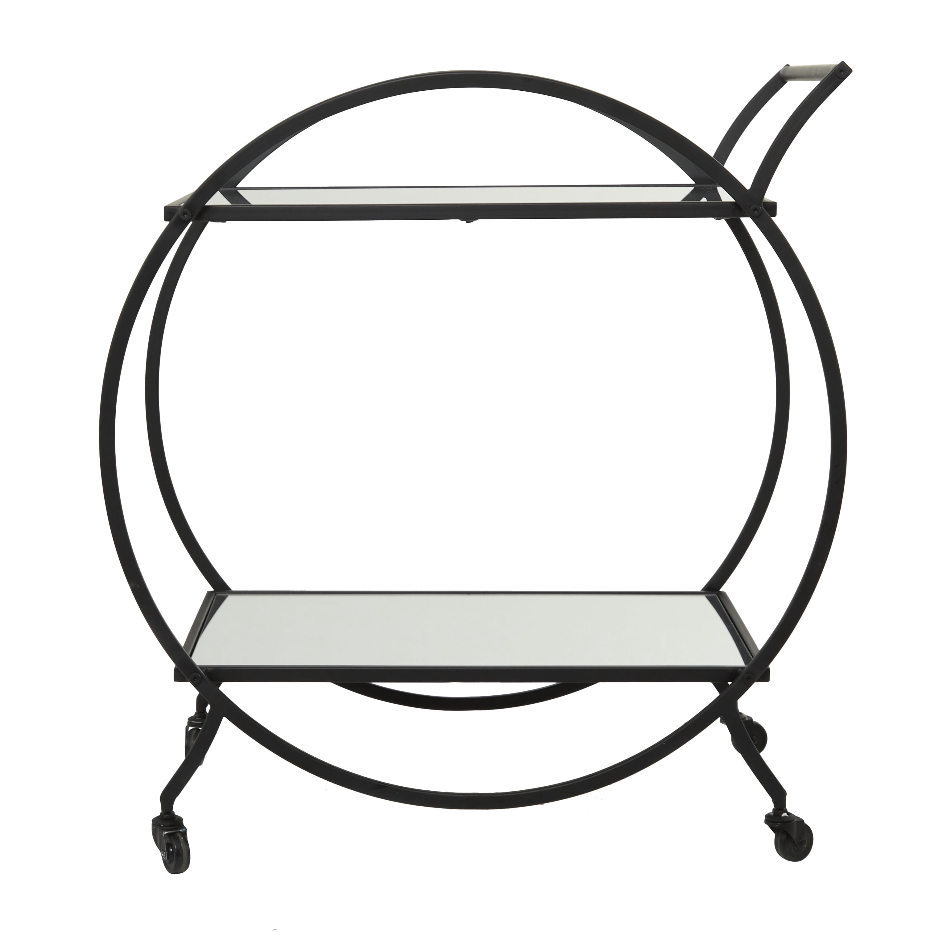 DecMode 14" x 30" Black Metal Rolling 2 Mirrored Shelves Bar Cart with Wheels and Handle, 1-Piece
