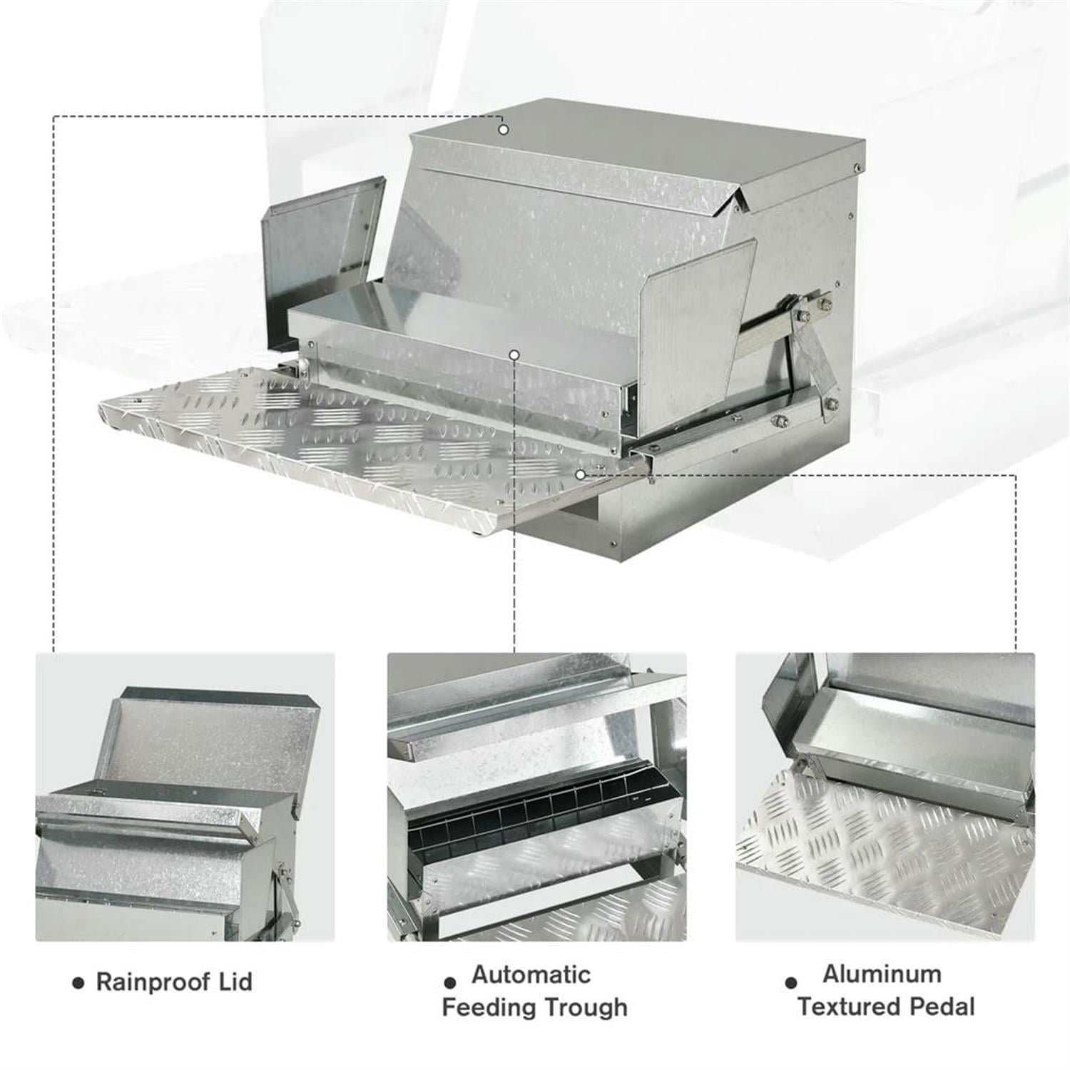 Kadyn Outdoor Automatic Metal Chicken Feeder, Poultry Feeder with Protective Lid for Chickens, Bantams, Pheasants, Holds 30 lbs of Feed, Silver