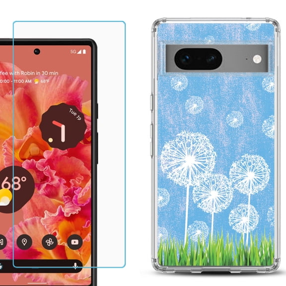 Slim-Fit Gel TPU Phone Case for Google Pixel 7, with Tempered Glass Screen Protector, by OneToughShield ® - Dandelion Sky