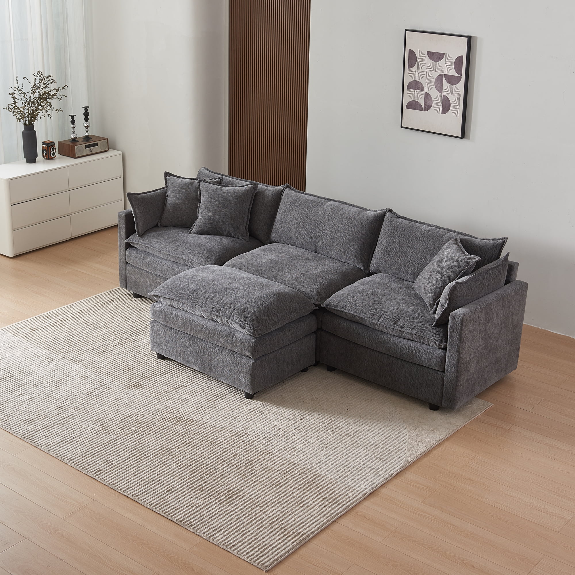 MAYEERTY Chenille Fabric L-Shaped Modular Sectional Sofa with Ottoman Green Comfy Living Room Couch