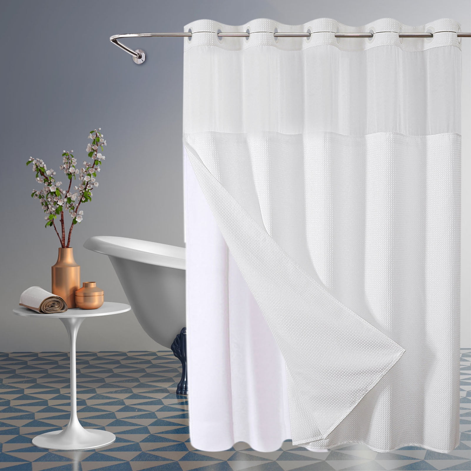 Waffle Weave Heavy Duty Shower Curtains, No Hook Shower Curtain with Snap in Fabric Liner, Hotel Style Waterproof Bathroom Curtain Set, 72 x 63 Inch