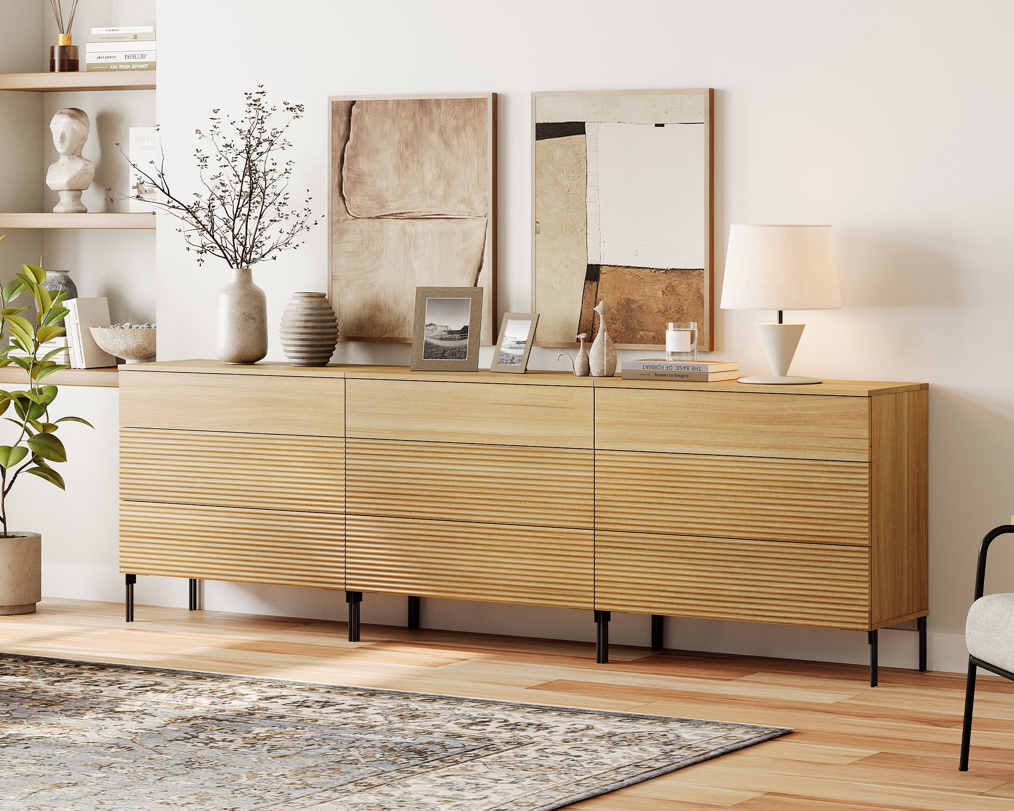 94.5" Wood Accent Chest Set with Drawers, Modern Credenza Storage Cabinet with Reeded Design for Living Room, Kitchen, Dining Room, Hallway