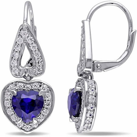 Tangelo 5-1/2 T.G.W. Created Blue and White Sapphire Sterling Silver Heart Leverback Earrings