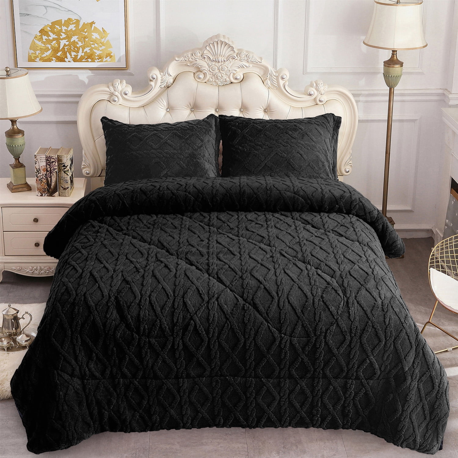 NC Winter Warm 3 Ply Borrego Fleece Black Soft Microfiber Bed Blanket, Queen