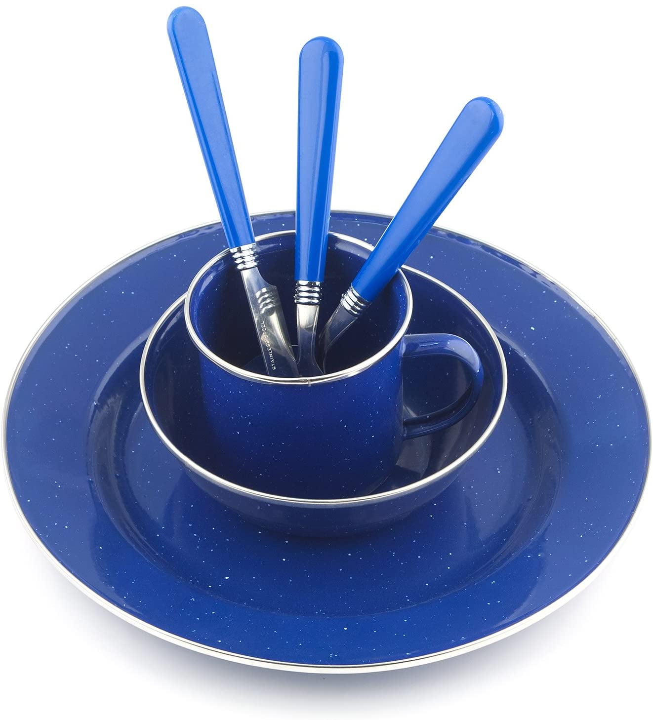 STANSPORT - Deluxe 24-Piece Enamel Tableware Set: Plates, Bowls, Mugs   Utensils | Blue - Walmart.com