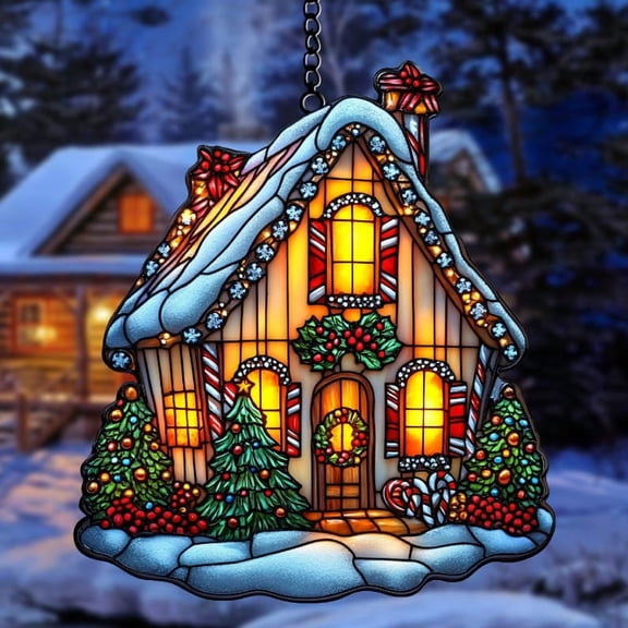 Christmas Gingerbread House Acrylic Suncatcher, Faux Stained Glass Holiday Window Hanging, Cozy Winter Decor Gift For Family