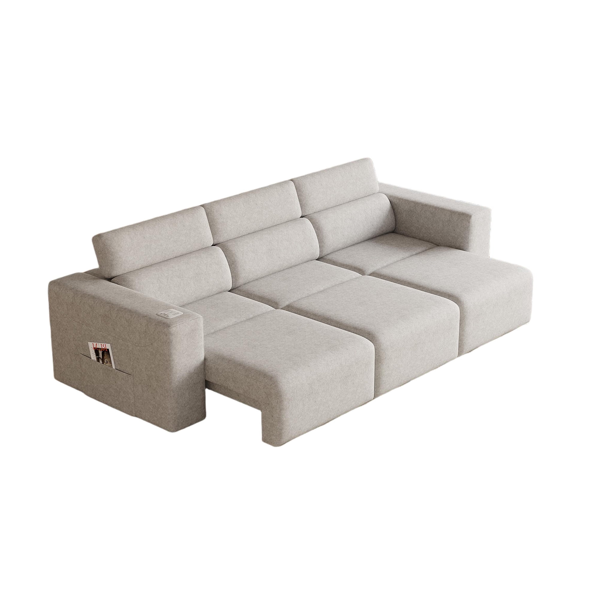124" Convertible Power Recliner Sleeper Sofa with Adjustable Headrests, PU Leather 3-Seat Couch with Bluetooth Speakers, Wireless Charging, USB/Type-C & Night Light, Waterproof Faux Leather, Gray