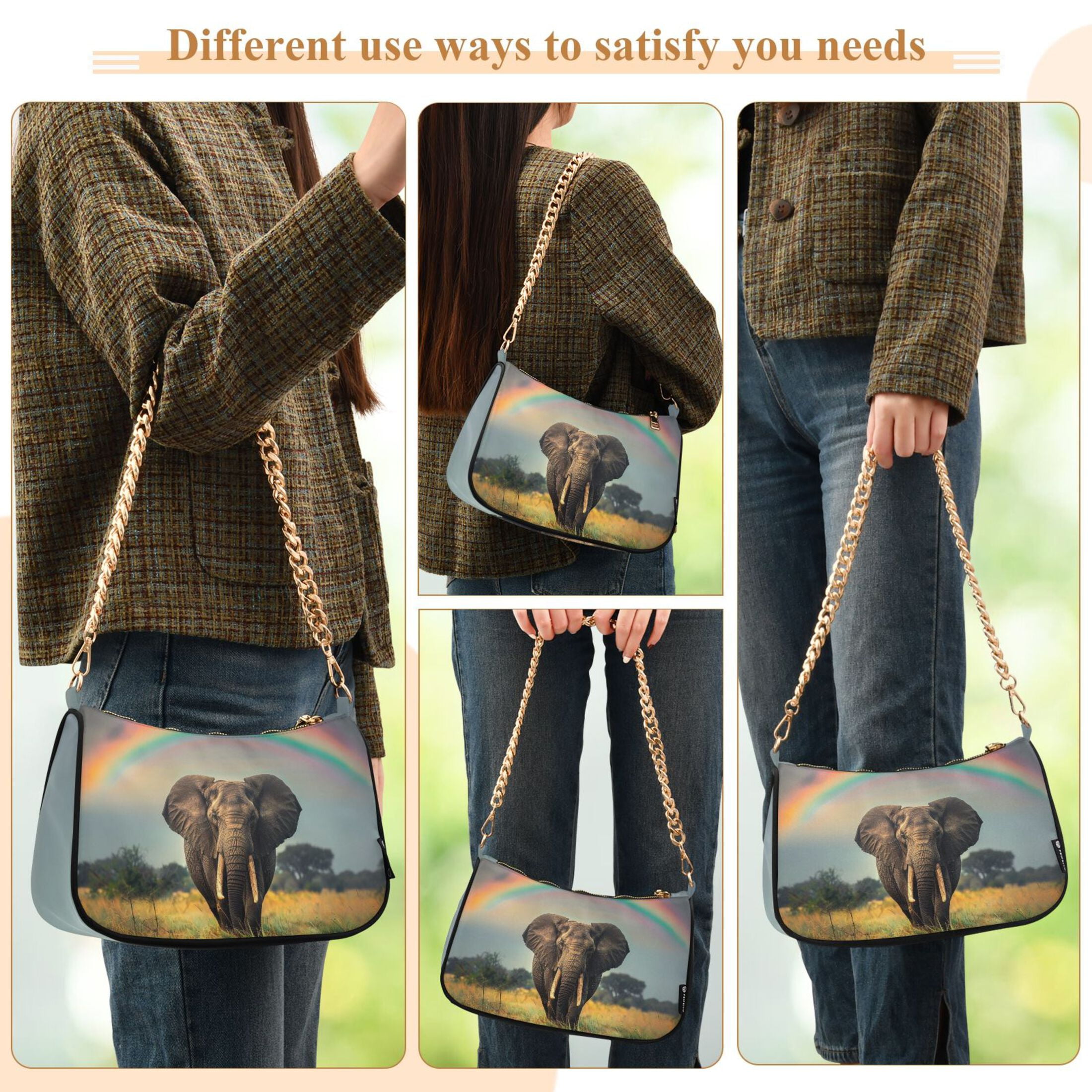 Ryvnso Elephant and Rainbow Womens Chain Shoulder Bag Tote Handbags Clutch Hobo Purse with Zipper for Travel