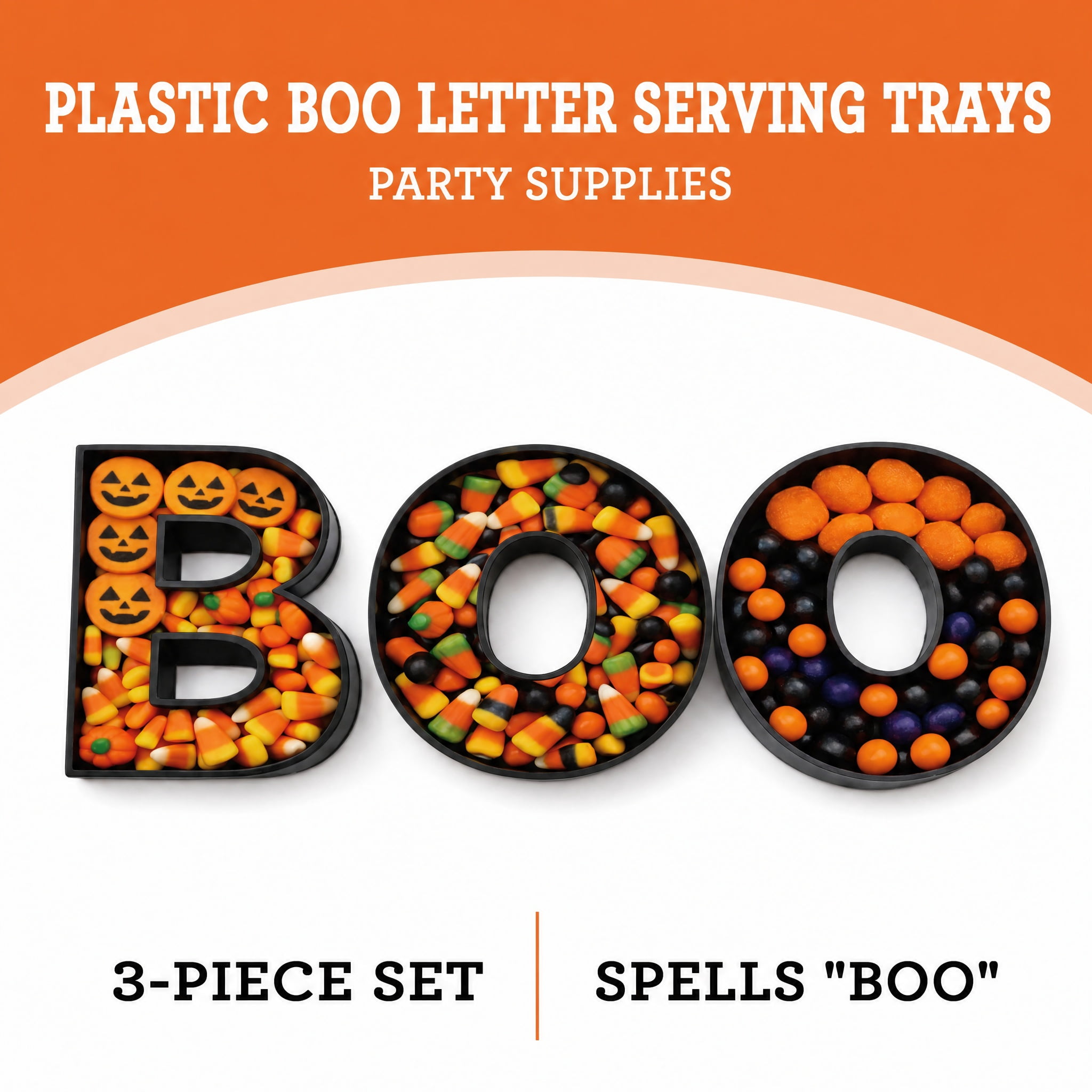 Plastic Boo Letter Serving Trays, Black, 3 Pieces, Halloween by Way To Celebrate