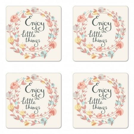 

Enjoy the Little Things Coaster Set of 4 Flower and Leaf Silhouettes with Colorful Dots on Eggshell Backdrop Square Hardboard Gloss Coasters Standard Size Multicolor by Ambesonne