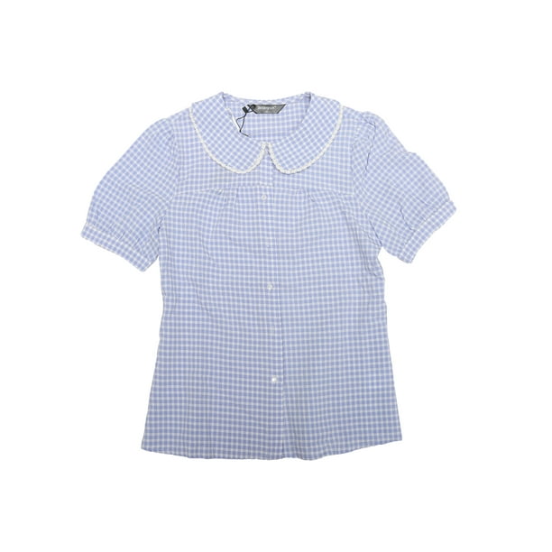 Blusa a cuadros para mujer, manga corta, con cuello Peter Pan en contraste Azul M INSPIRE CHIC Blusa