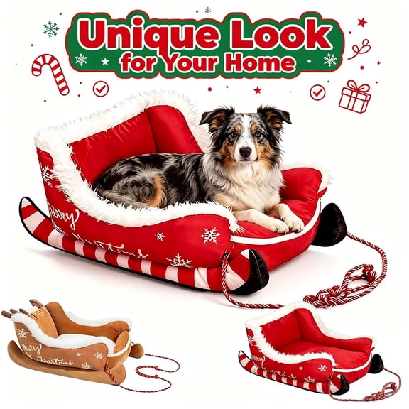 Christmas Dog Bed, Dog Bed Holiday Themed, Santa Sleigh Dog Bed, Washable Raised Bolster Bed with Non-Slip Bottom, Red _ S
