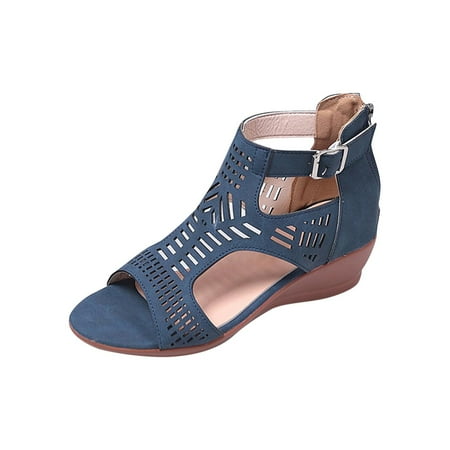 

Summer Saving Clearance! Kukoosong Sandals Women Cut-out Casual Slippers Wedge Heel Shoes Buckle Comfortable Sandals Wedge Sandals for Women Navy 43