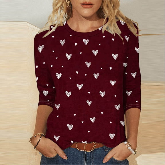 Qepwscx Tshirts Shirts For Women 3/4 Long Sleeve Valentine'S Day Crew Neck Sweatshirts Love Heart Printed Womens Blouses Going Out Tops Pullover Sweatshirts Spring Fall Graphic T-Shirt Festival