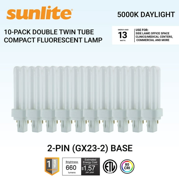 Sunlite PLD13/SP50K/10PK Double Twin Tube, CFL, PLD 2-Pin, 13 Watts, 660 Lumens, 5000K Daylight, 2-Pin (GX23-2) Base, 10 Pack